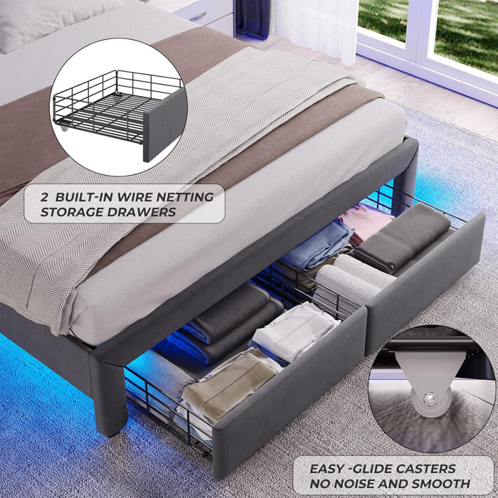 Wrought Studio Upholstered Platform Bed Frame With 2 Storage Drawers